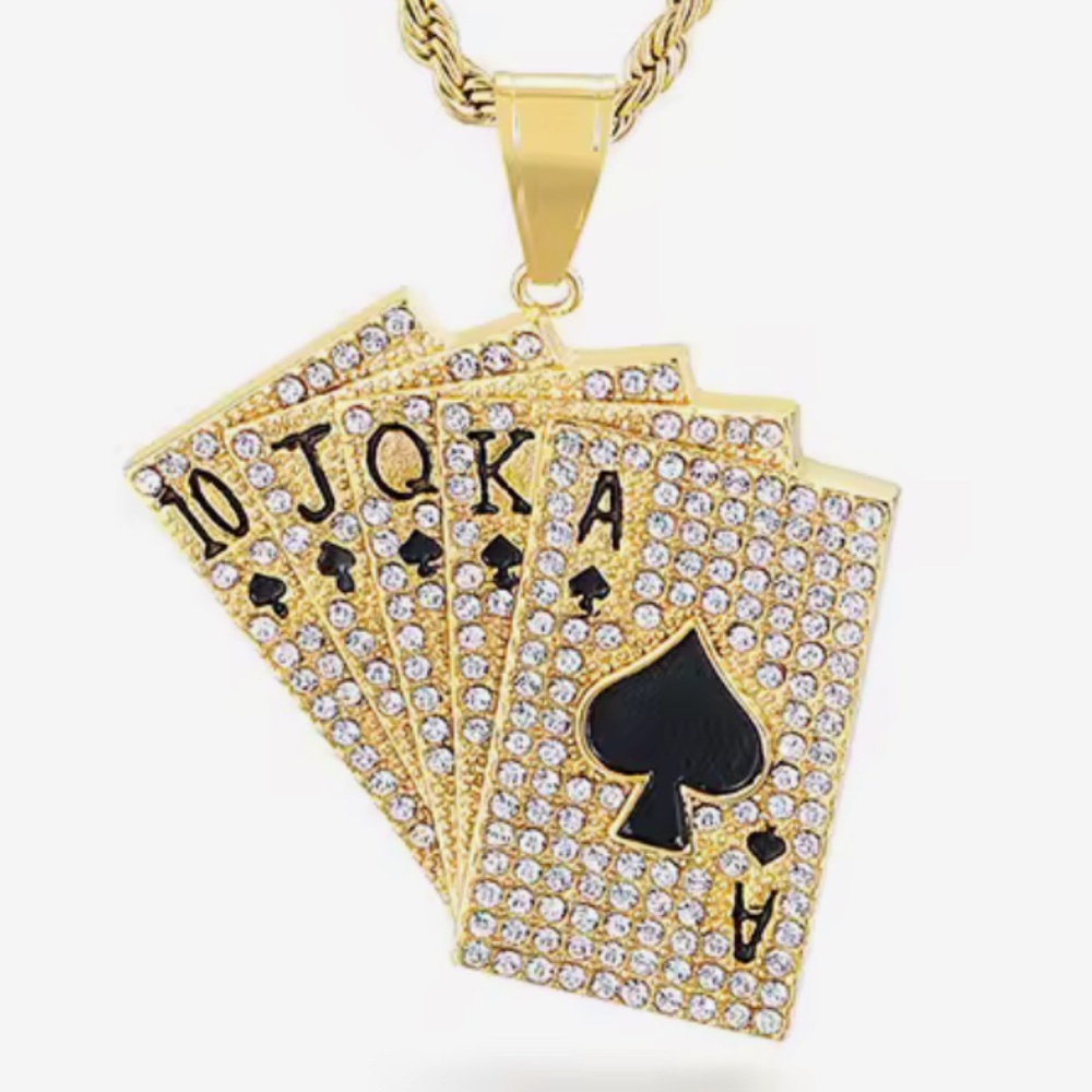 Gold plated iced out 3A CZ card royal flush big pendant chain included